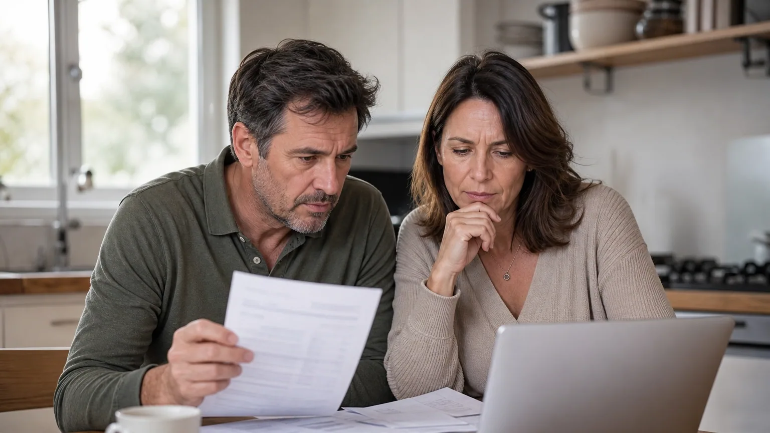 Un couple examine des documents financiers à la table de la cuisine pour comprendre la fiscalité de son assurance-vie