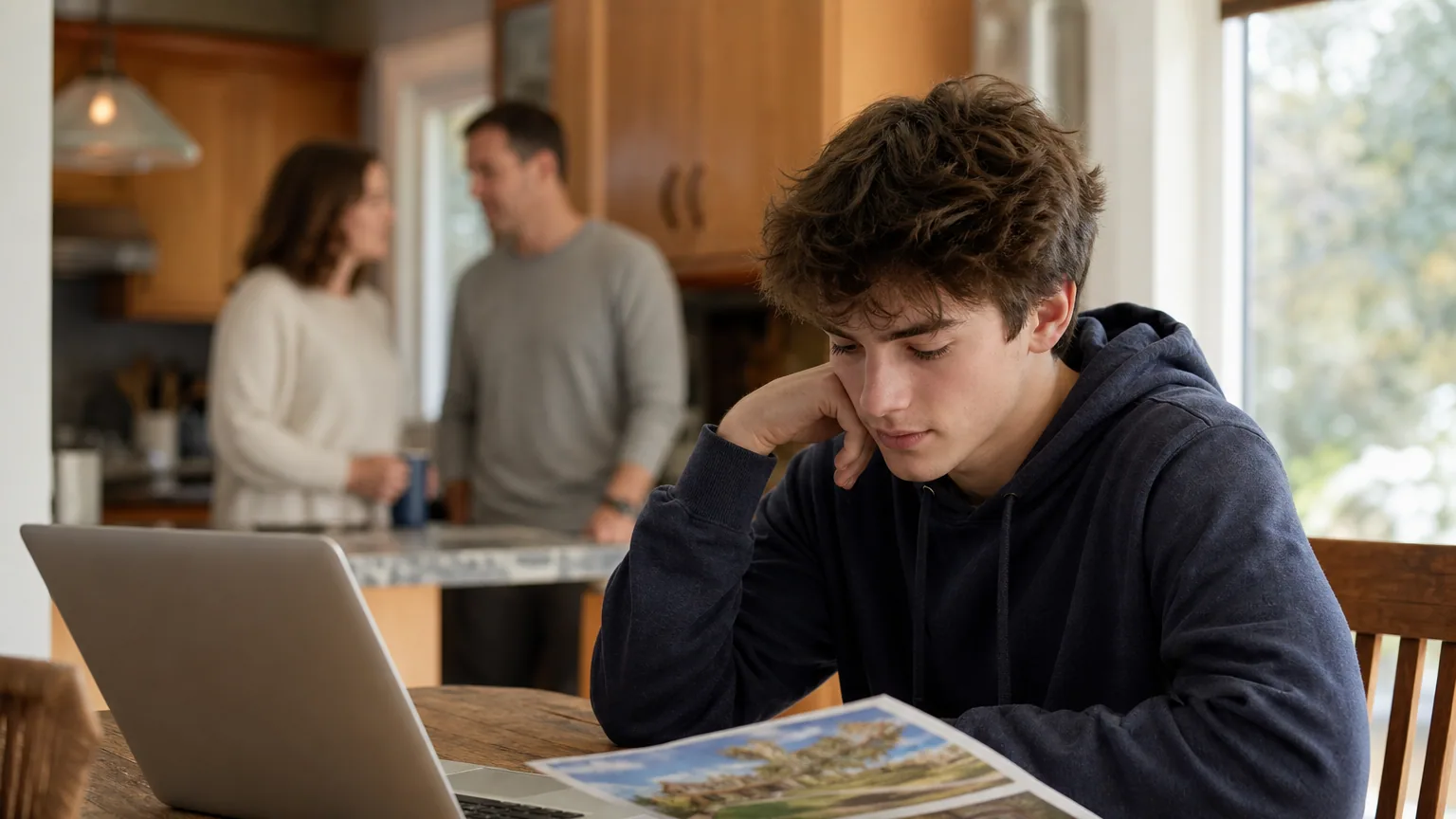 Une lycéenne compare ses options d'orientation sur un ordinateur portable avec des brochures d'écoles