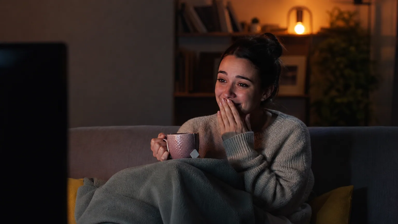 Une jeune femme regarde une série le soir, blottie dans un canapé avec une tasse de thé