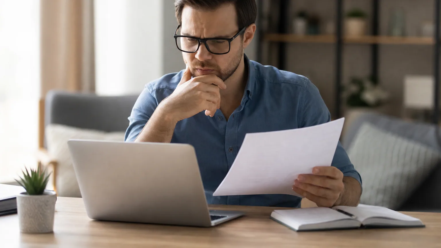 Une personne compare à son bureau une réponse affichée sur un ordinateur portable avec un document imprimé