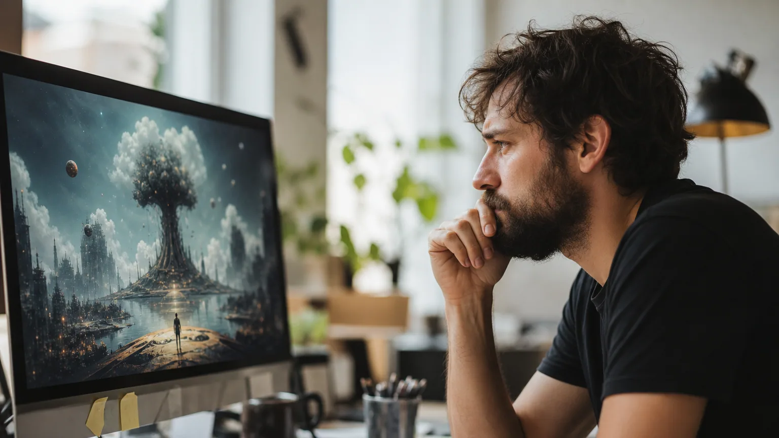 Une graphiste examine avec hésitation des images générées par intelligence artificielle sur son écran
