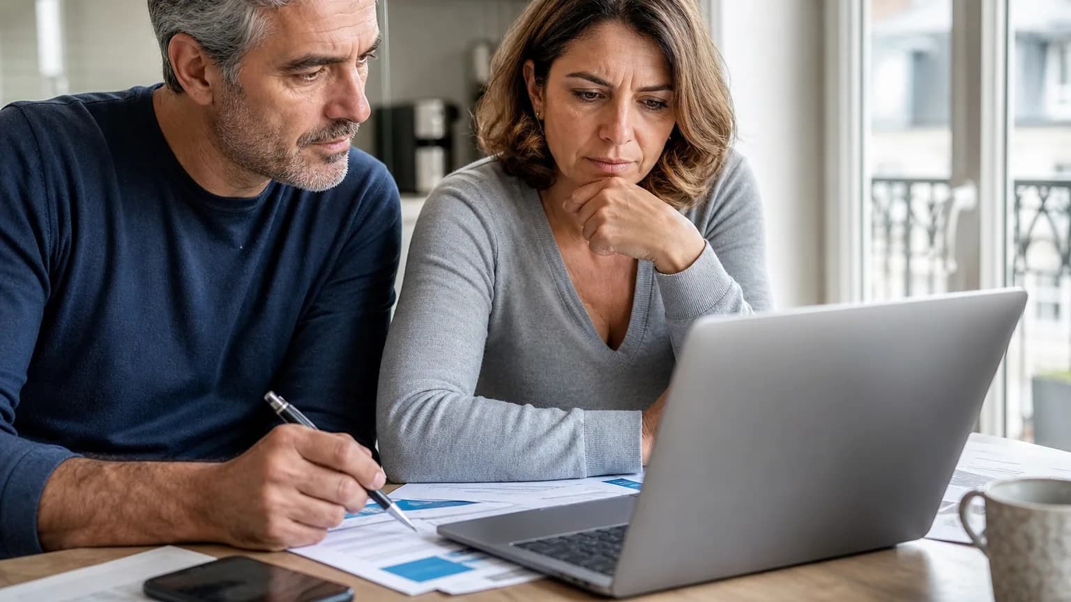 Un couple consulte des documents financiers sur un ordinateur portable dans sa cuisine