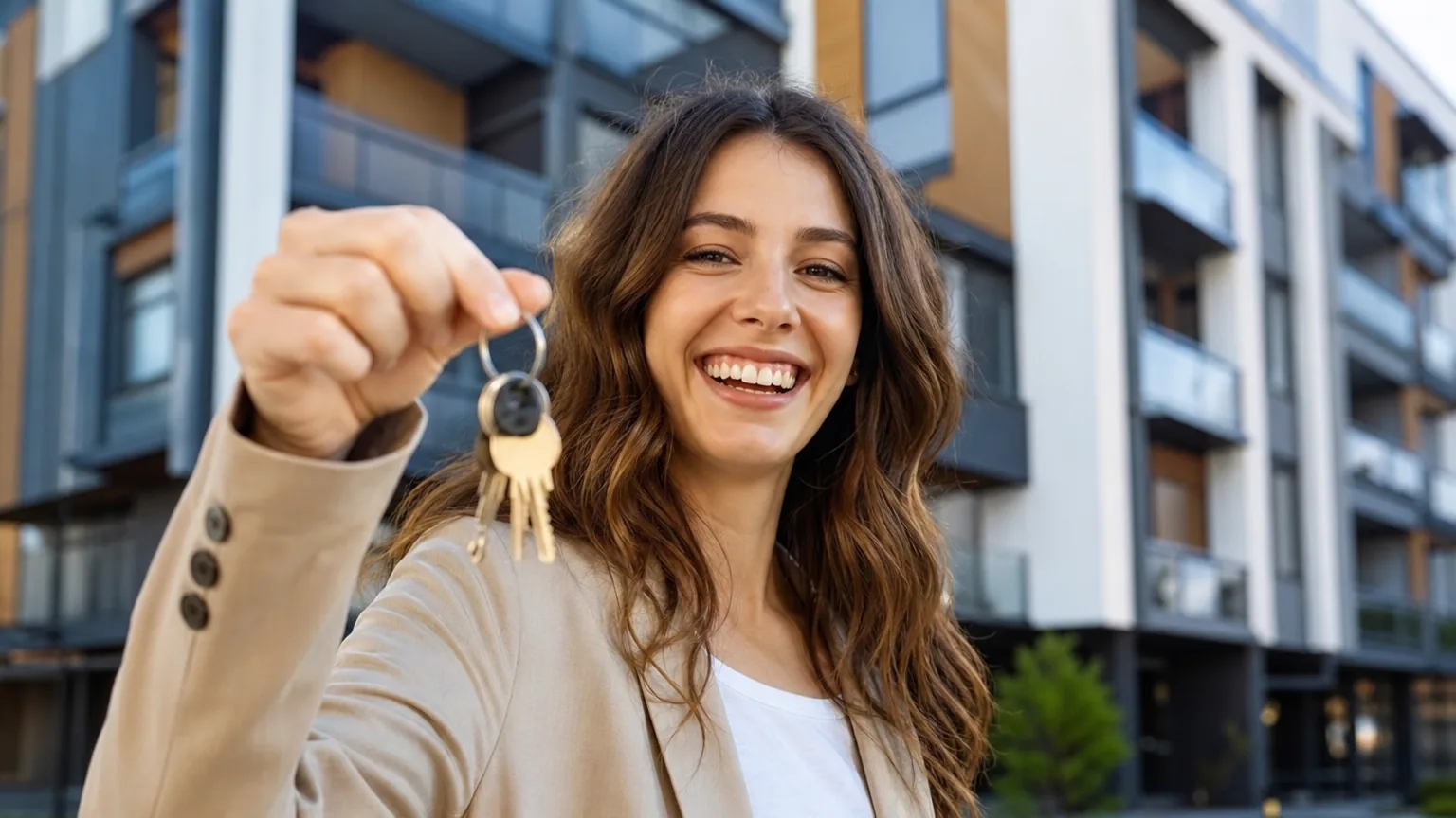 Remise de clés devant un immeuble d'habitation