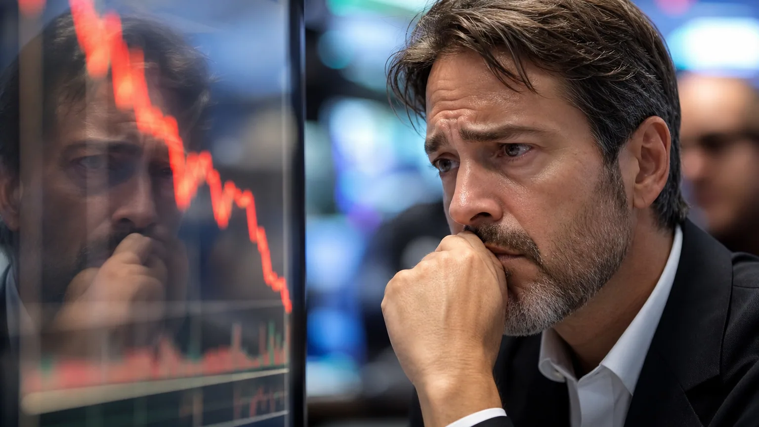Un trader inquiet observe des écrans affichant des cours en baisse lors d'un krach boursier