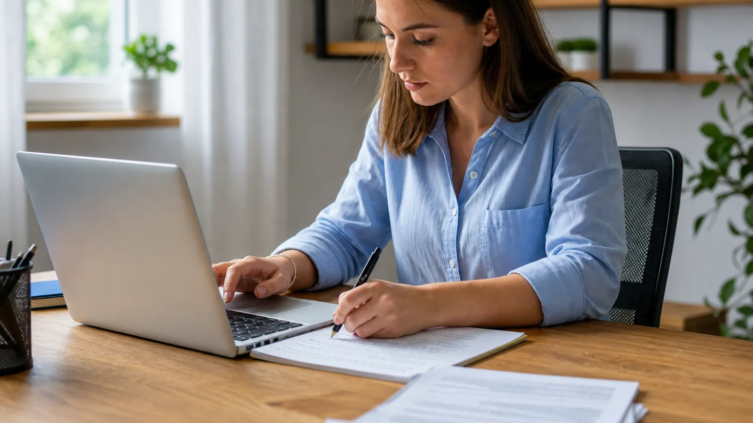 Une candidate concentrée rédige sa lettre de motivation sur un ordinateur portable à son bureau