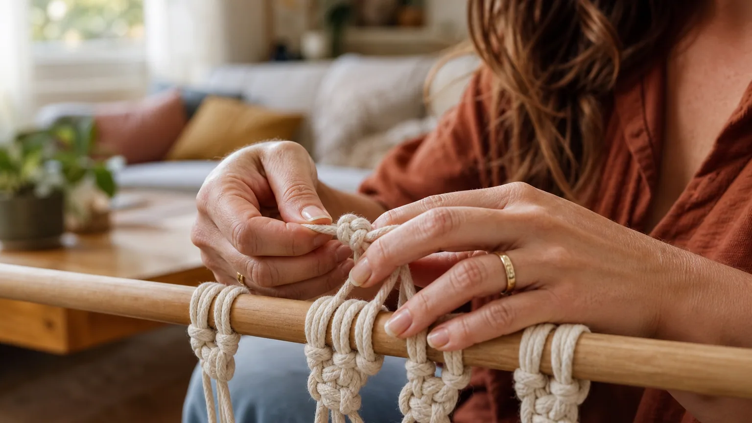 Mains d'une femme nouant des cordes de coton sur un tasseau de bois pour réaliser une suspension murale en macramé
