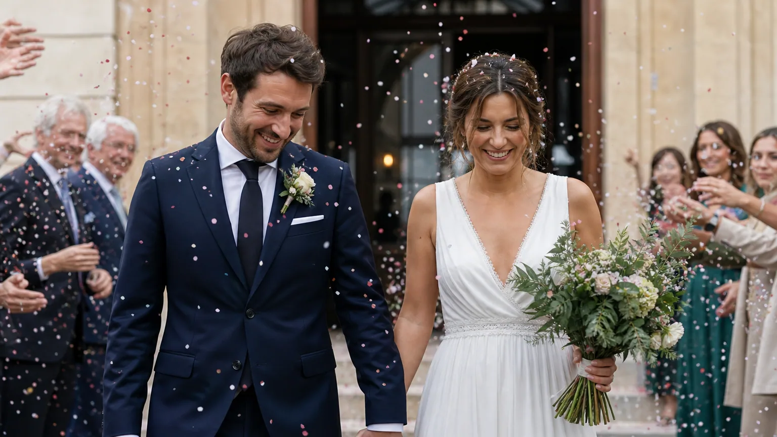 Jeunes mariés se tenant la main devant une mairie française sous une pluie de confettis