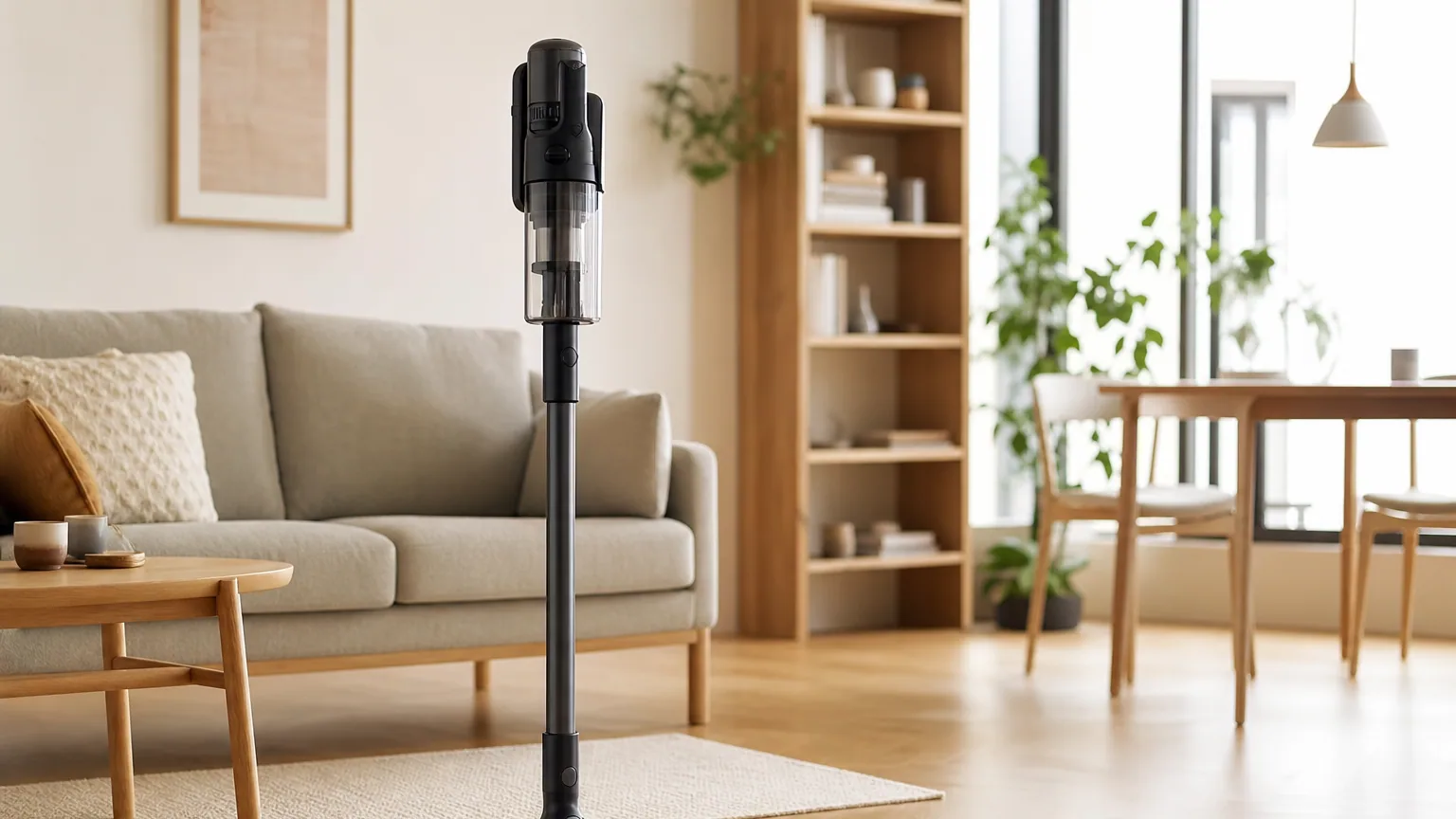 Aspirateur balai sans fil posé dans un salon lumineux moderne
