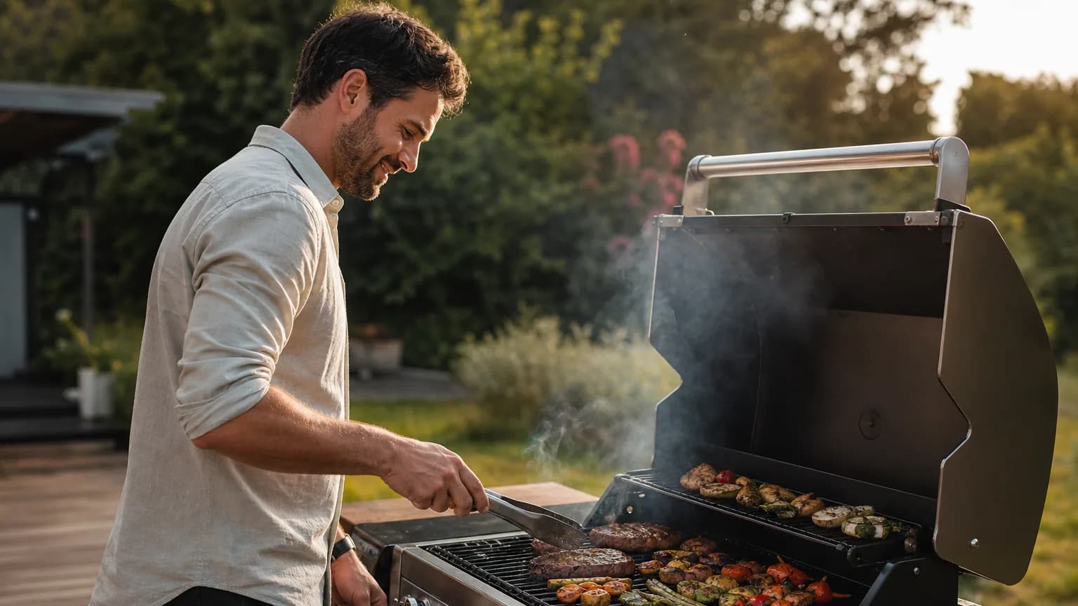 Barbecue à gaz en inox allumé sur une terrasse en bois avec des grillades en cuisson