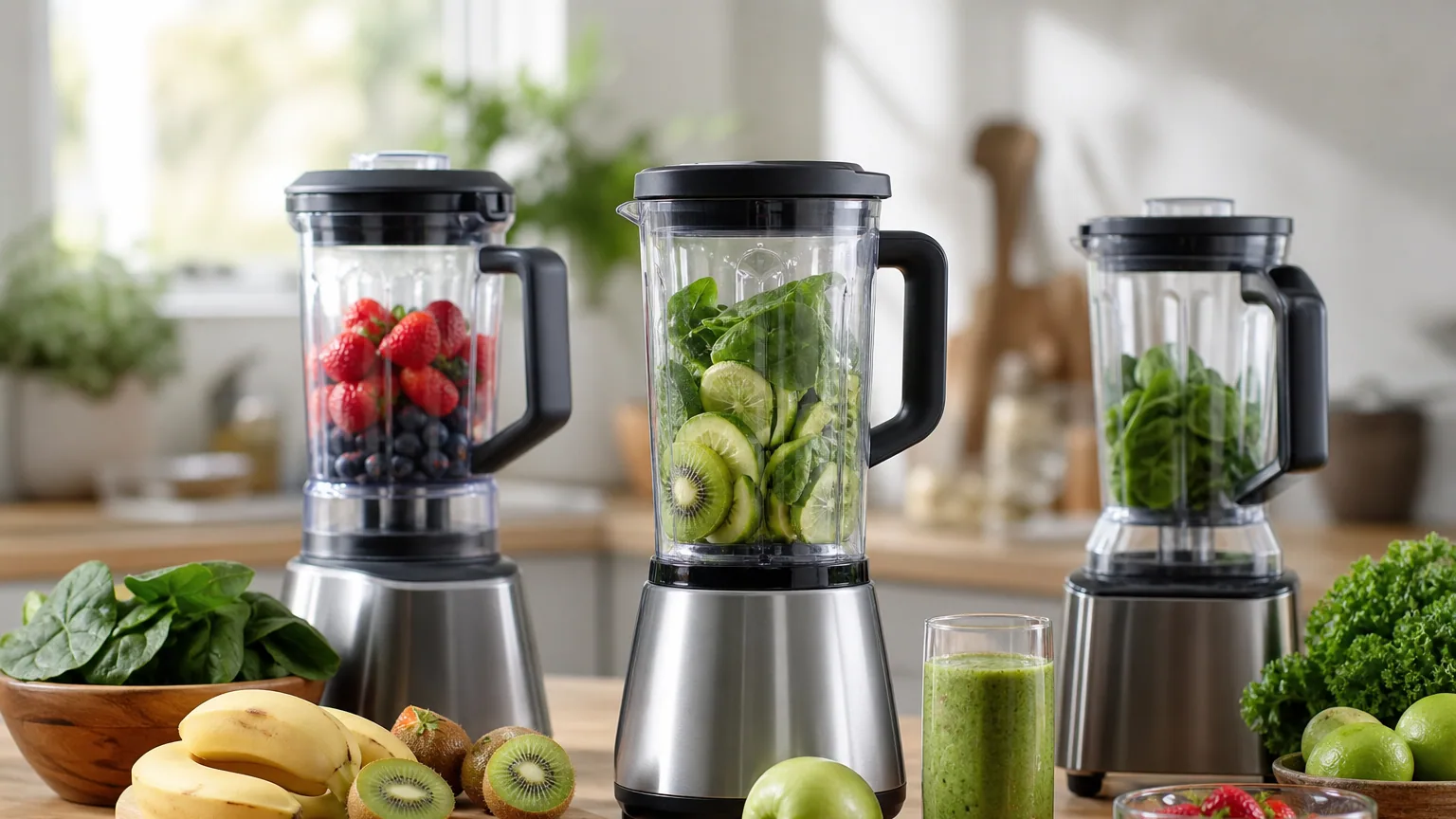 Plusieurs blenders posés sur un plan de travail de cuisine avec des fruits frais et un smoothie vert