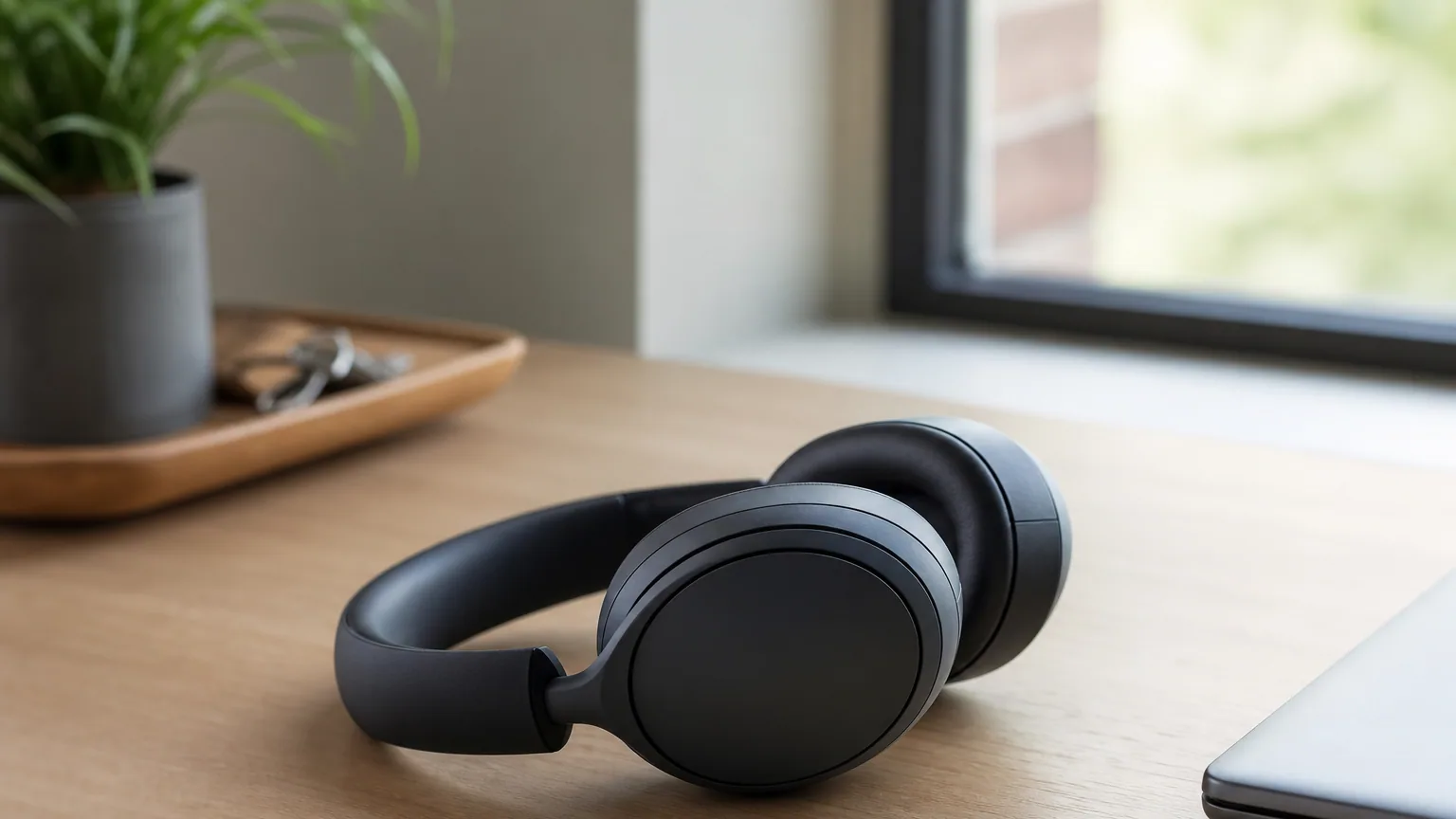 Casque Bluetooth à réduction de bruit posé sur un bureau près d'une fenêtre