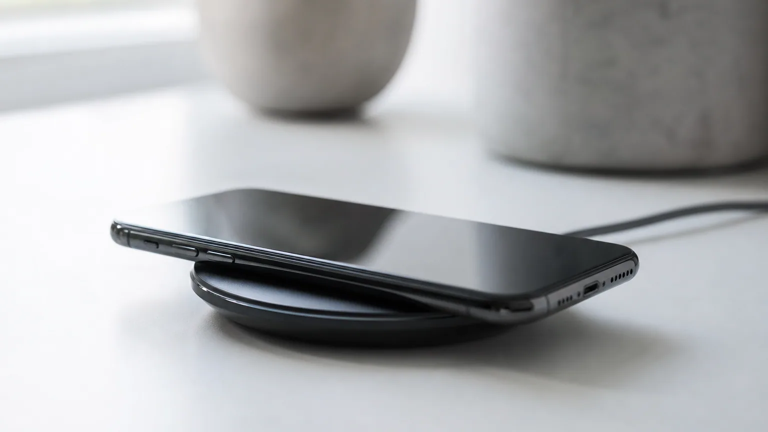 Smartphone posé sur un chargeur sans fil à induction sur un bureau moderne