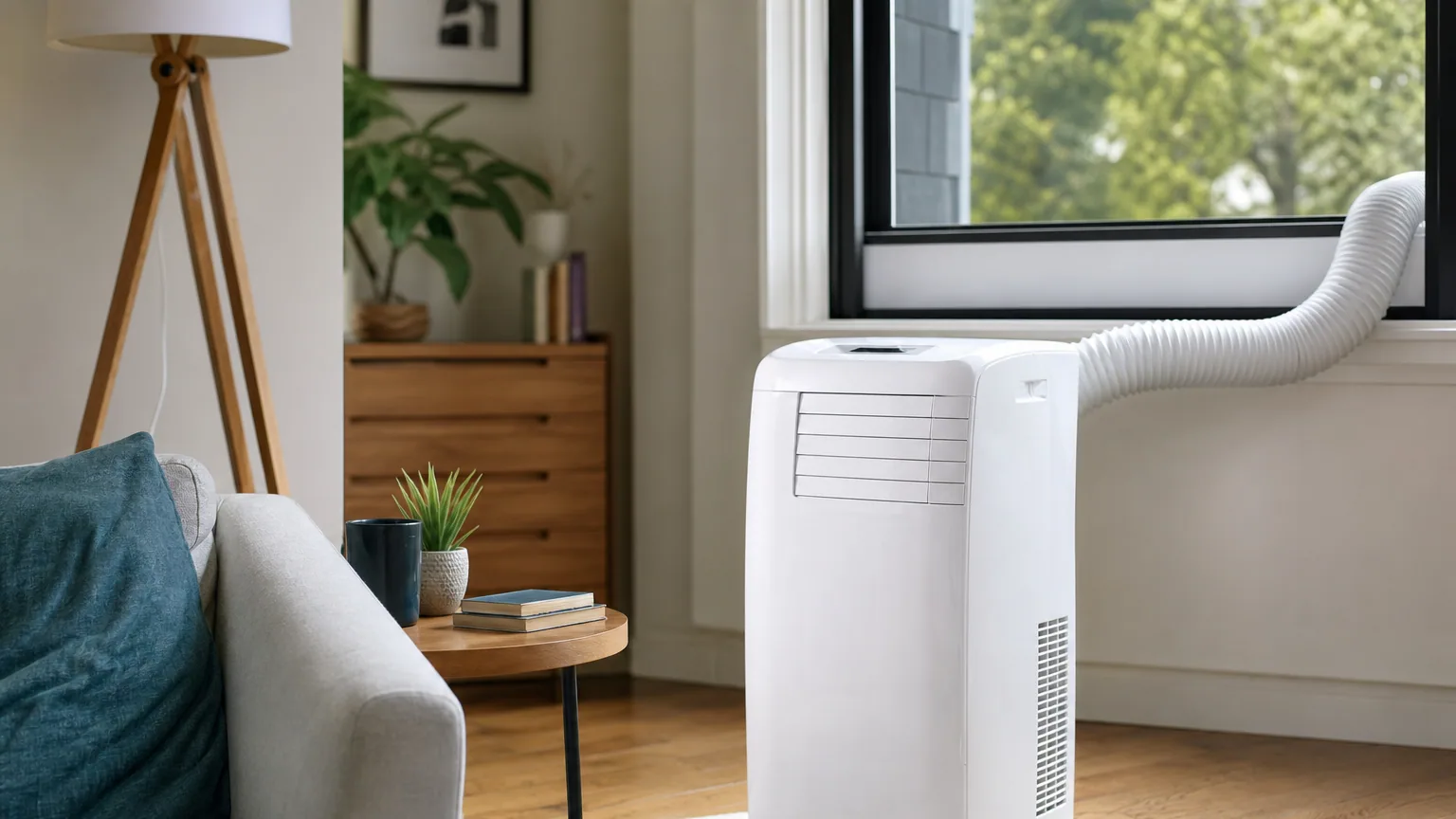Climatiseur mobile blanc posé dans un salon lumineux avec gaine d'évacuation vers une fenêtre