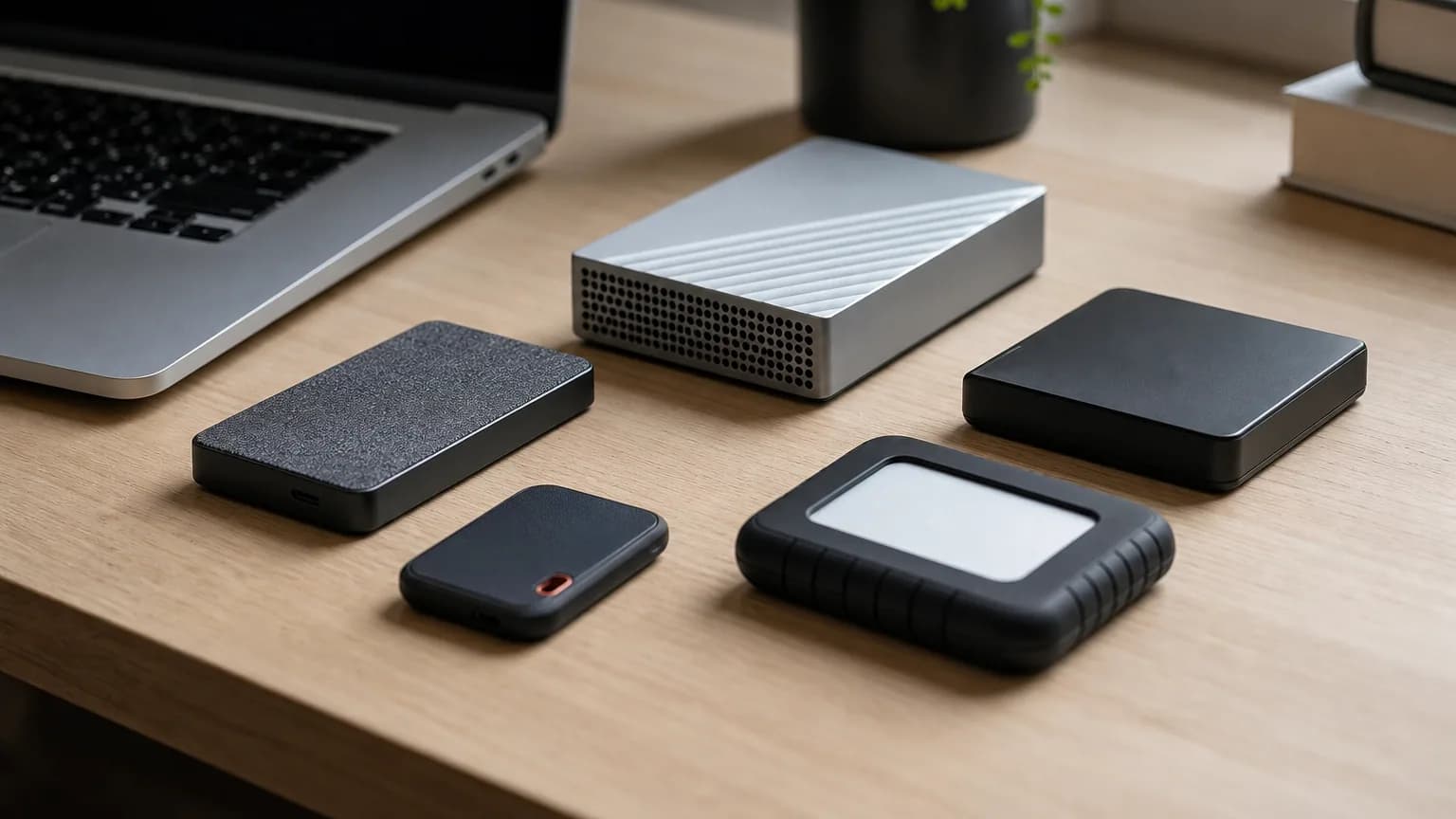 Plusieurs disques durs externes et SSD portables posés sur un bureau près d'un ordinateur