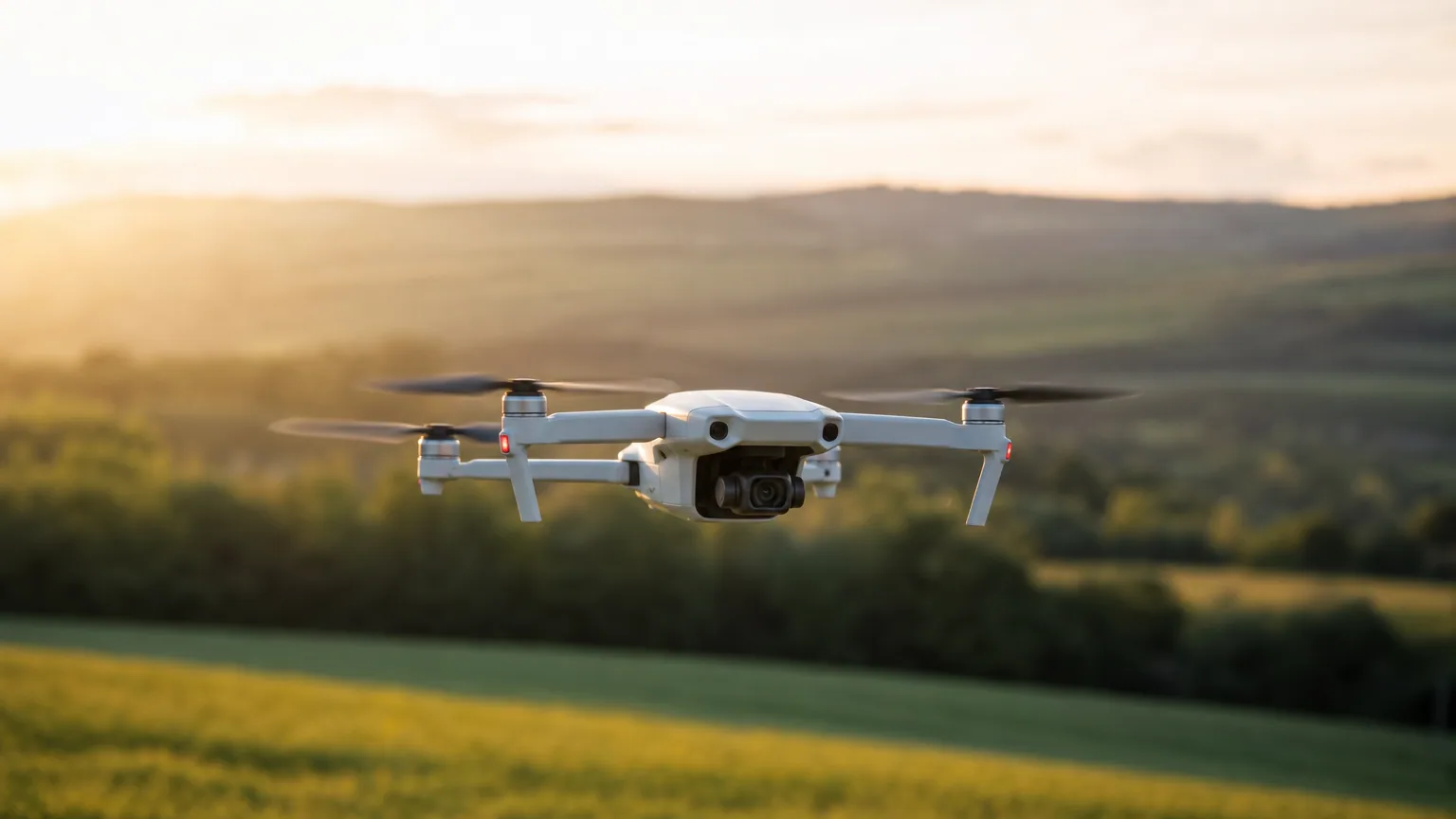 Un drone compact en vol stationnaire au-dessus d'un champ verdoyant au coucher du soleil