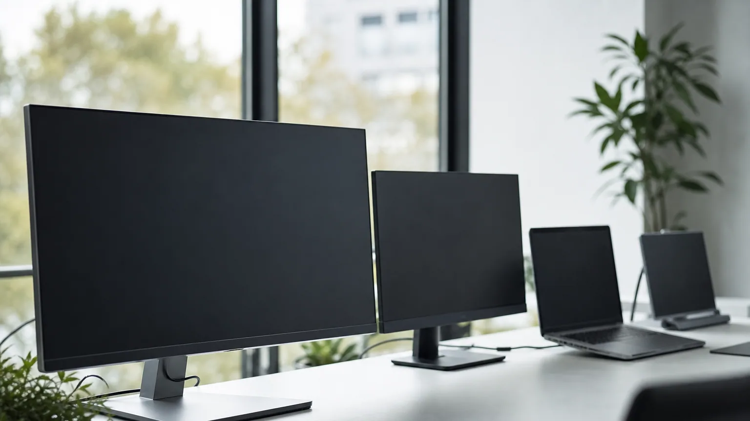 Plusieurs écrans PC modernes alignés sur un bureau lumineux