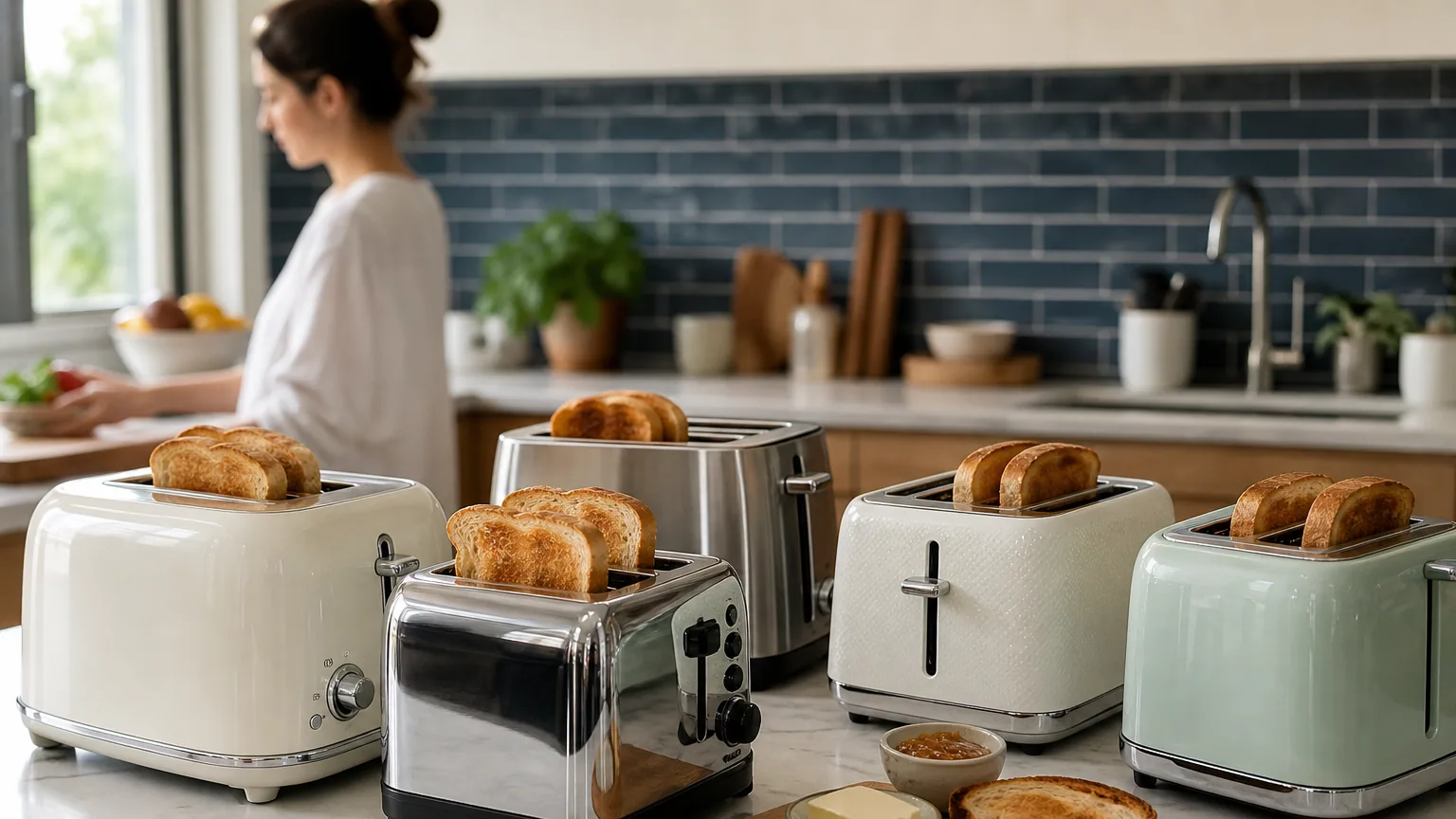 Plusieurs grille-pain posés sur un plan de travail de cuisine avec des tranches de pain doré