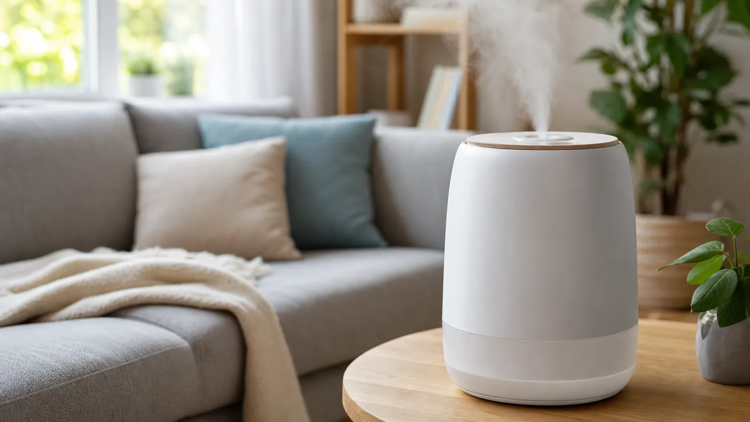 Humidificateur d'air moderne diffusant une fine brume dans un salon lumineux