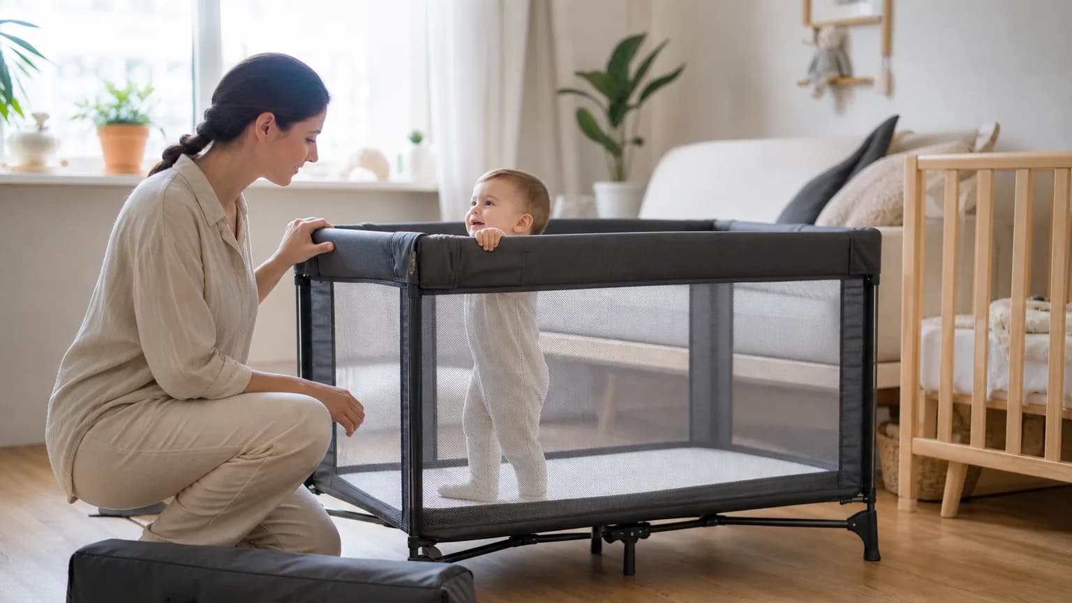 Lit parapluie déplié dans une chambre lumineuse avec literie pour bébé