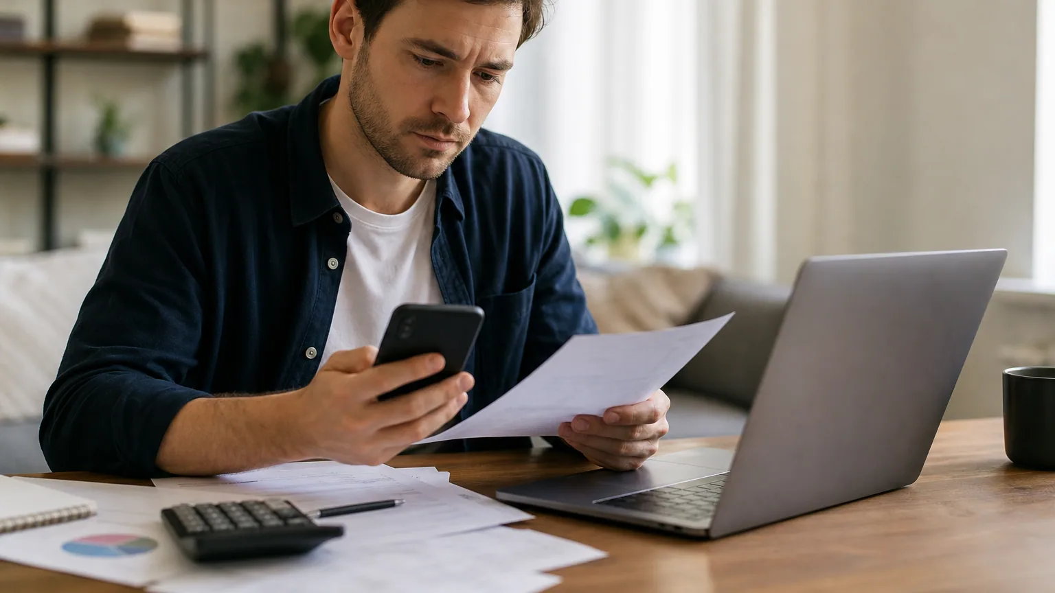 Un auto-entrepreneur gère ses factures et son budget sur ordinateur portable et smartphone à son bureau