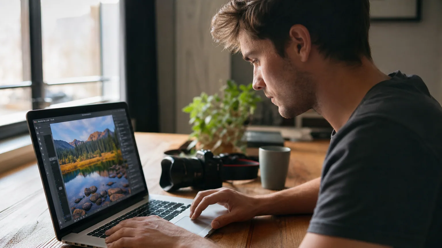 Une personne retouche une photo sur un ordinateur portable à son bureau