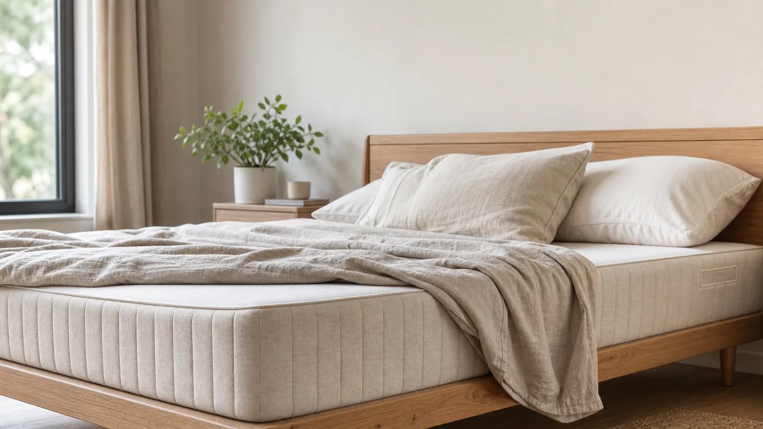 Chambre lumineuse avec un matelas neuf posé sur un sommier en bois