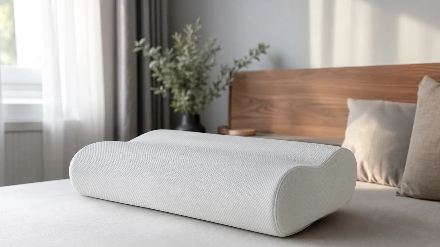Oreiller ergonomique à mémoire de forme posé sur un lit clair et lumineux