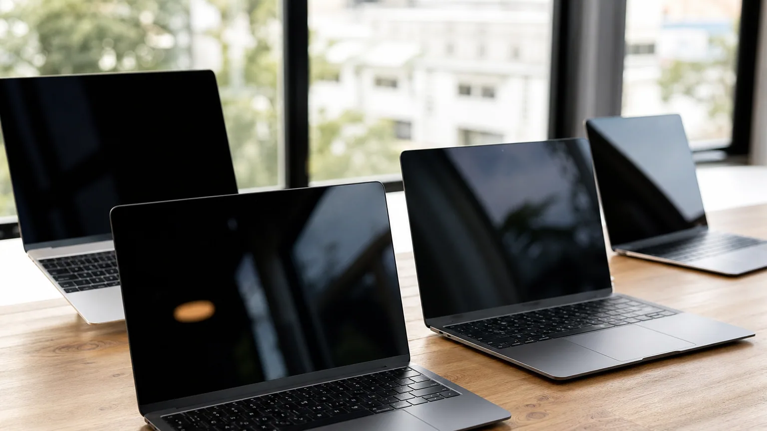 Plusieurs ordinateurs portables modernes posés sur un bureau lumineux