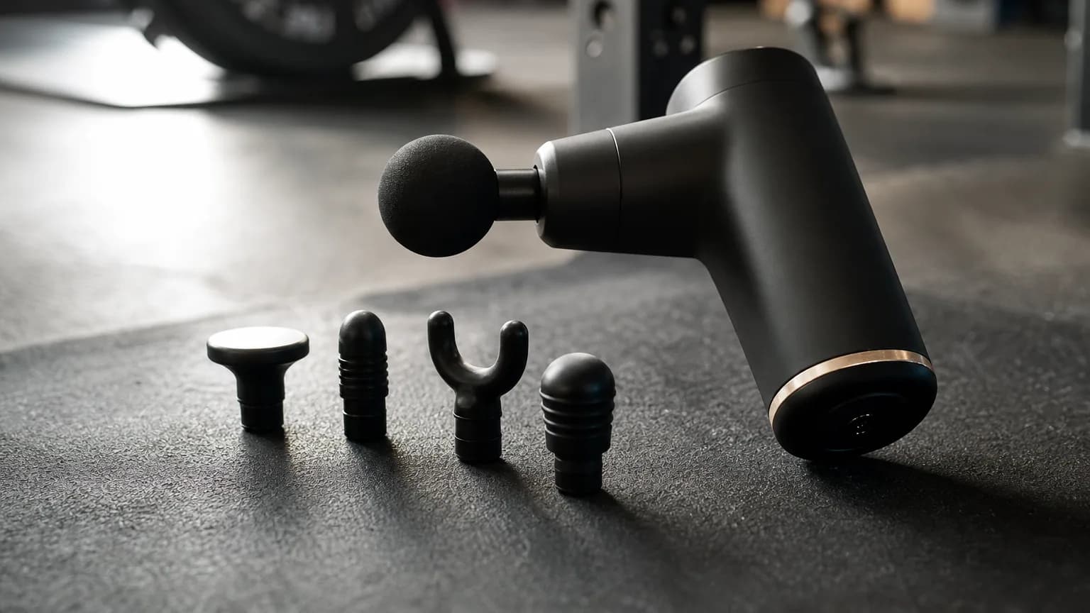 Pistolet de massage posé sur un tapis de sport avec ses embouts interchangeables