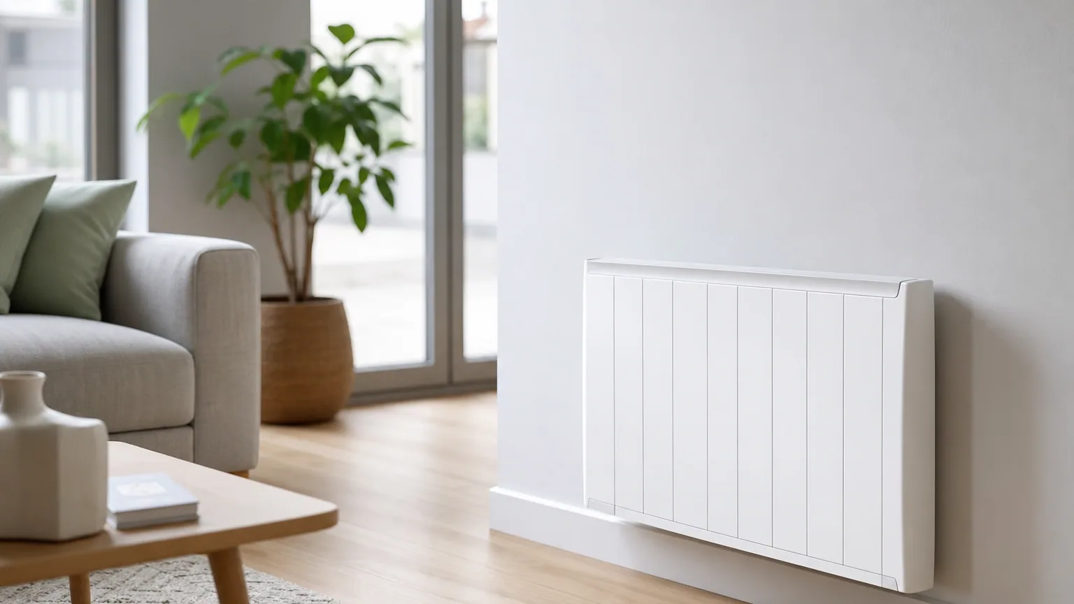 Radiateur électrique à inertie blanc fixé au mur dans un salon lumineux et moderne