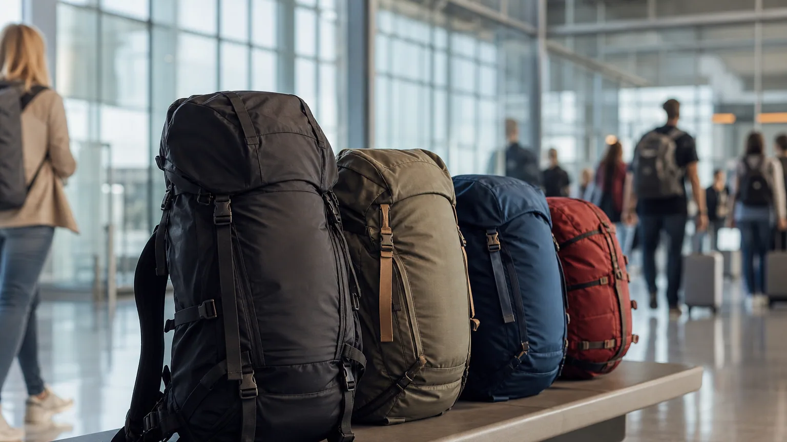 Plusieurs sacs à dos de voyage posés dans un aéroport lumineux
