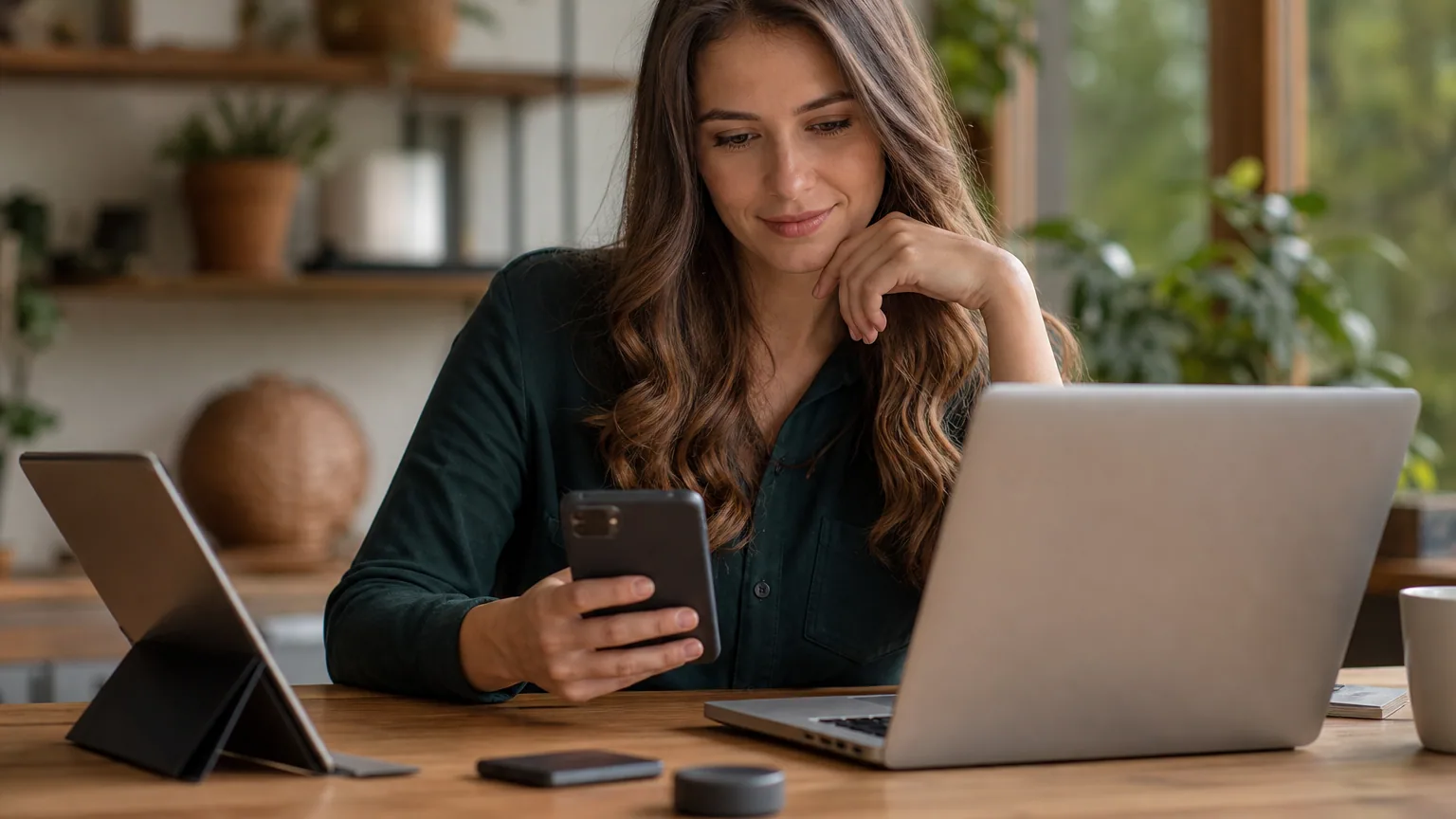 Une femme compare des services de stockage en ligne sur son ordinateur portable et son smartphone