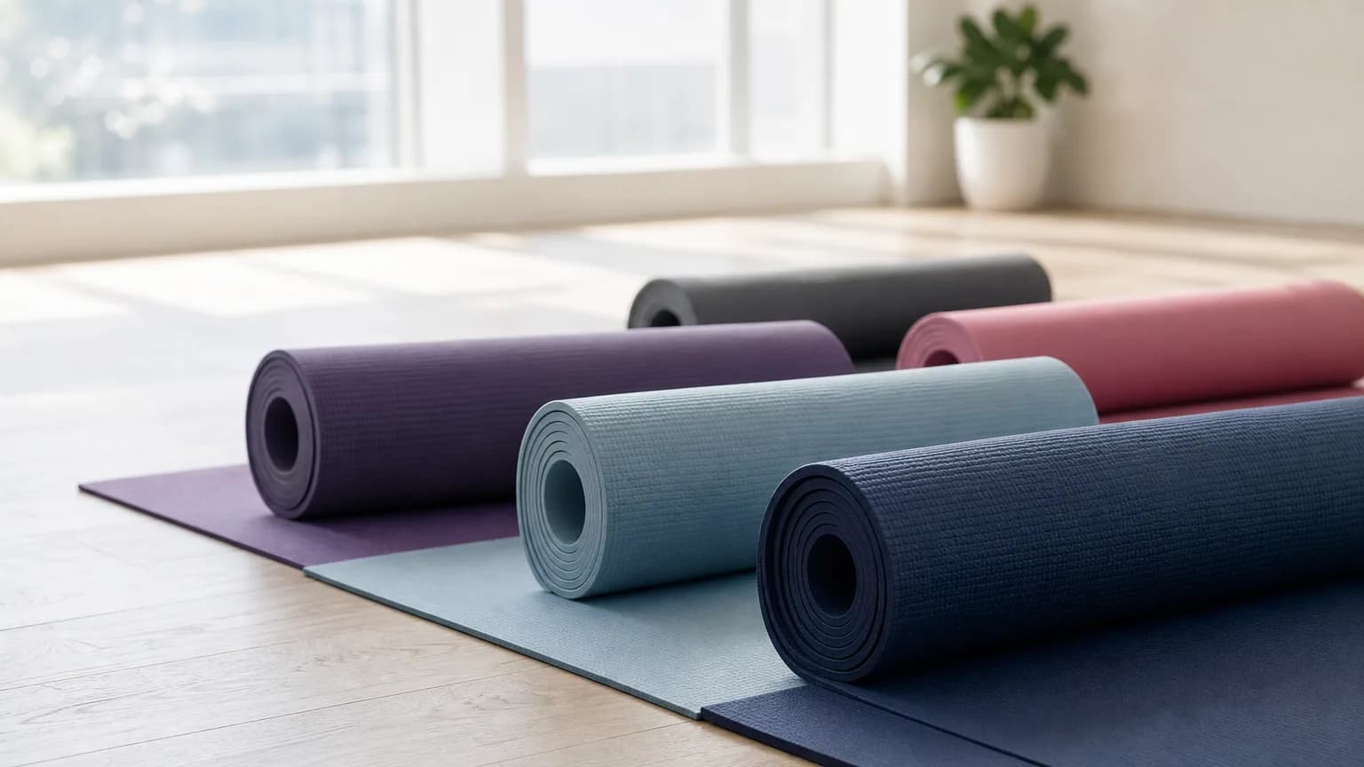 Plusieurs tapis de yoga roulés et déroulés dans un studio lumineux