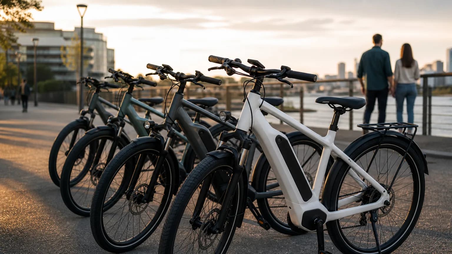 Plusieurs vélos électriques alignés sur une piste cyclable urbaine au lever du jour