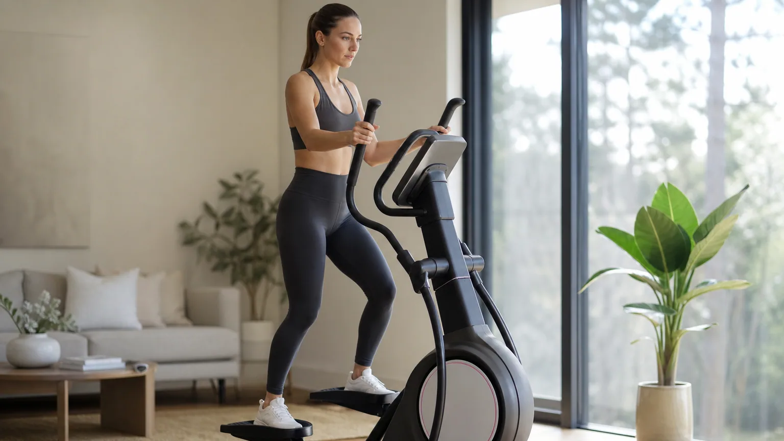 Vélo elliptique moderne installé dans un salon lumineux prêt pour l'entraînement à domicile