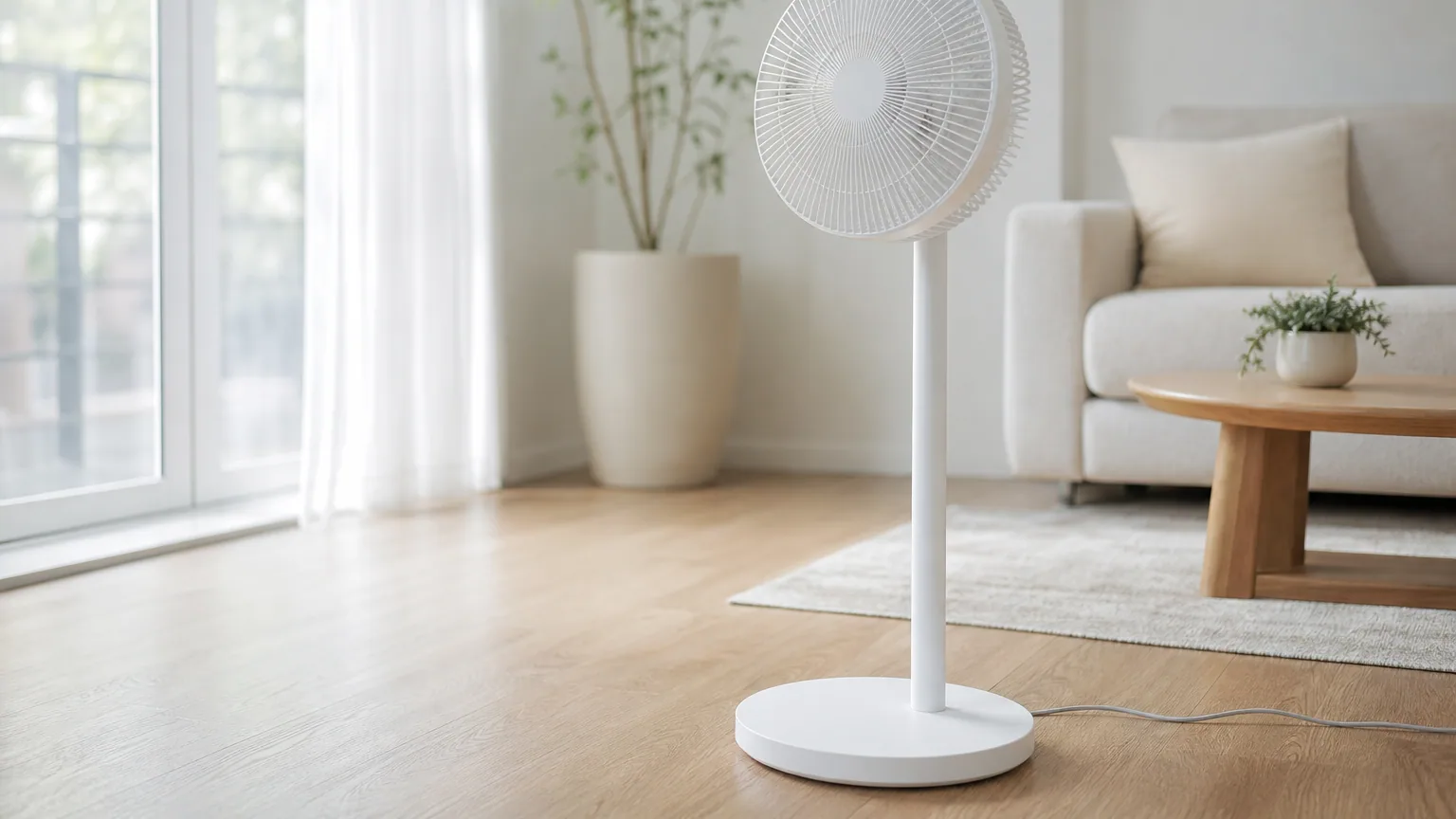 Ventilateur sur pied blanc dans un salon lumineux et moderne