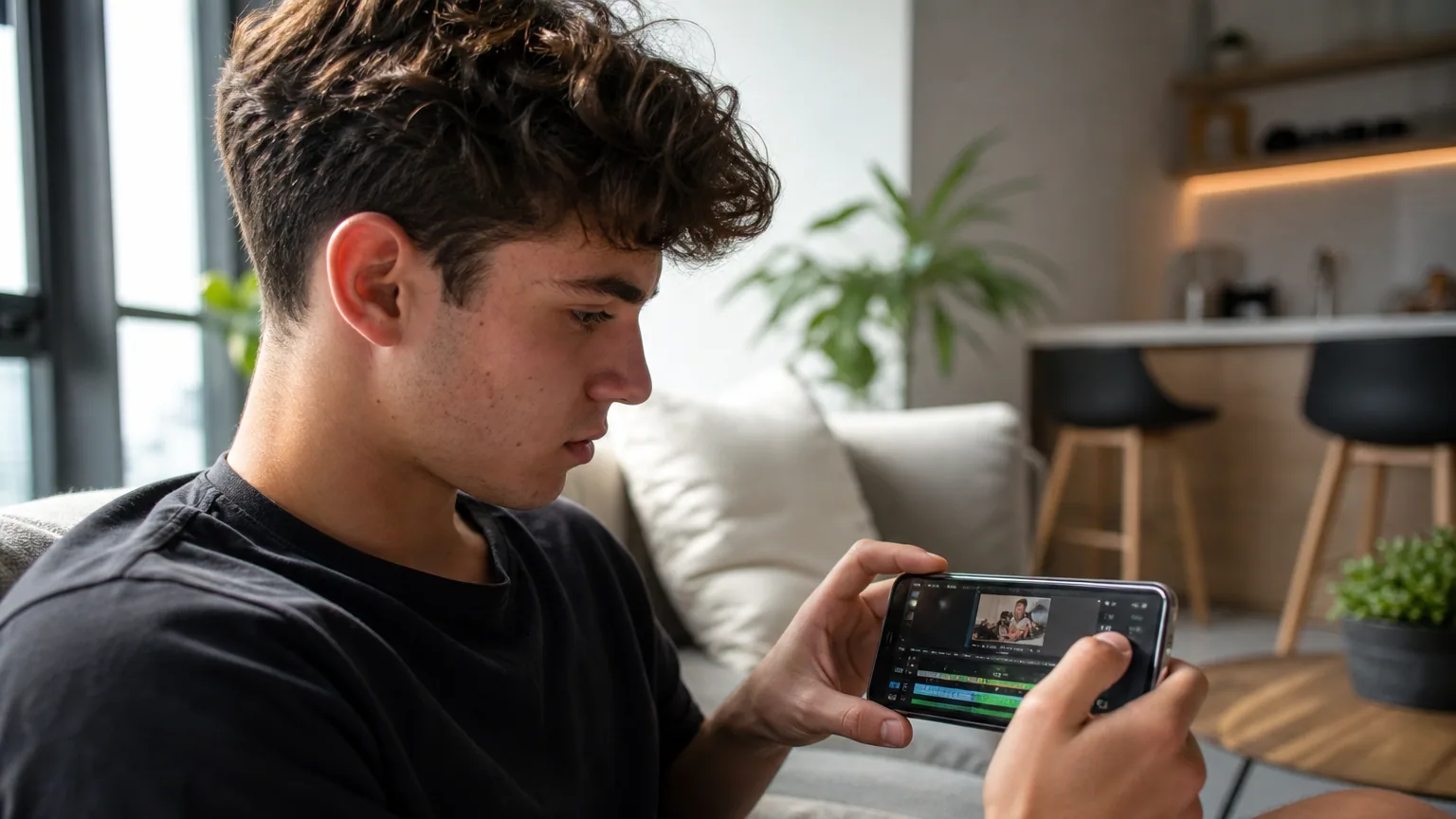 Une personne monte une vidéo sur son smartphone, concentrée, dans un intérieur lumineux