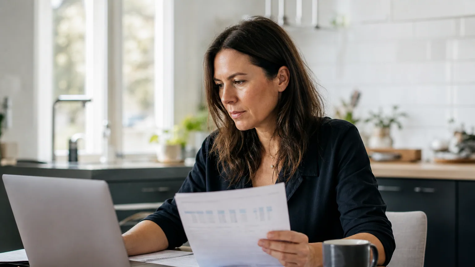 Une femme analyse ses placements sur un ordinateur portable à la maison