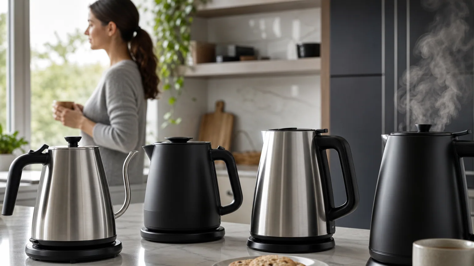 Plusieurs bouilloires électriques modernes posées sur un plan de travail de cuisine lumineux
