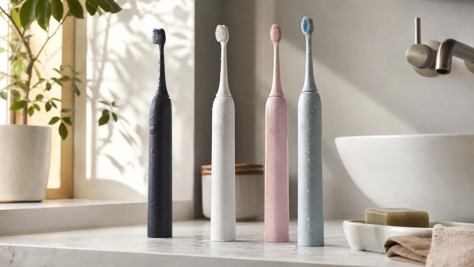 Plusieurs brosses à dents électriques posées dans une salle de bain lumineuse et moderne