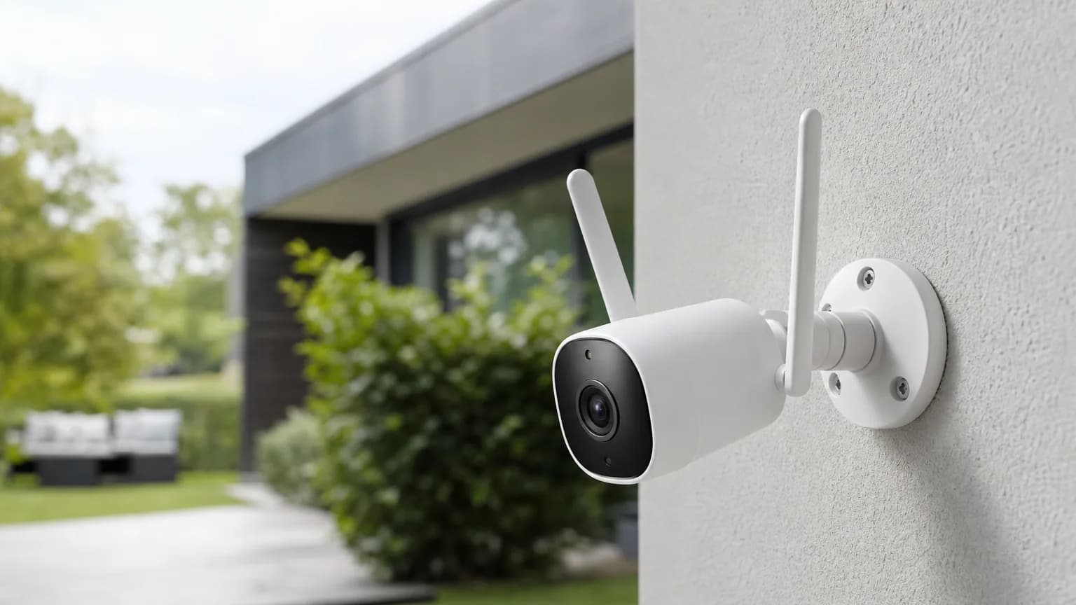 Caméra de surveillance Wi-Fi blanche fixée sur un mur extérieur de maison