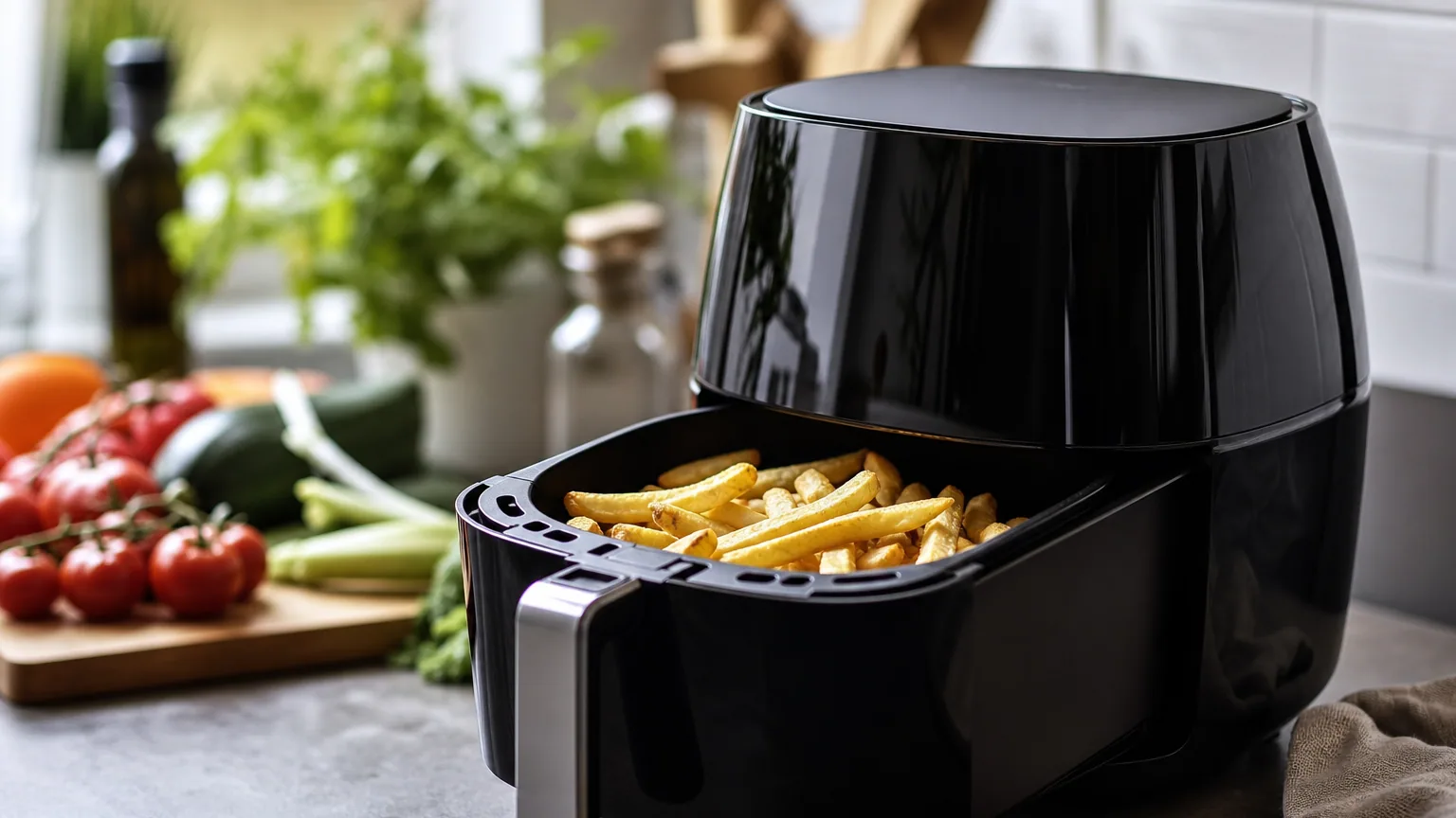 Friteuse sans huile posée sur un plan de travail de cuisine avec des frites dorées dans le panier
