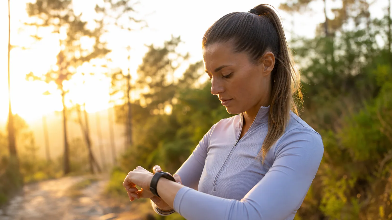 Coureur consultant sa montre GPS de running au lever du soleil sur un sentier