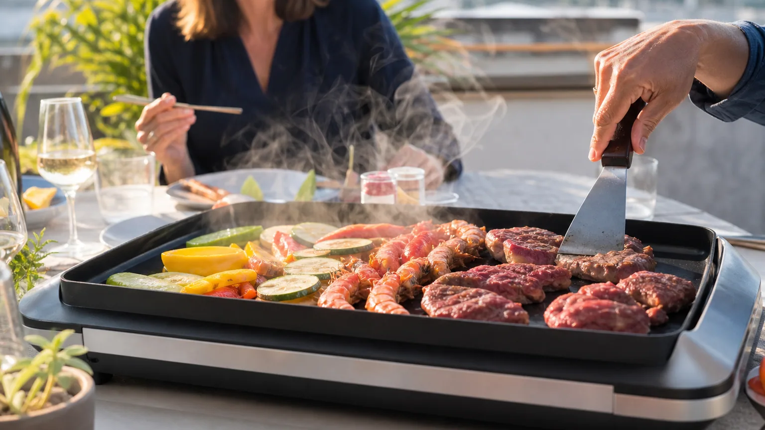 Plancha électrique en fonctionnement avec légumes et viandes grillées sur une terrasse
