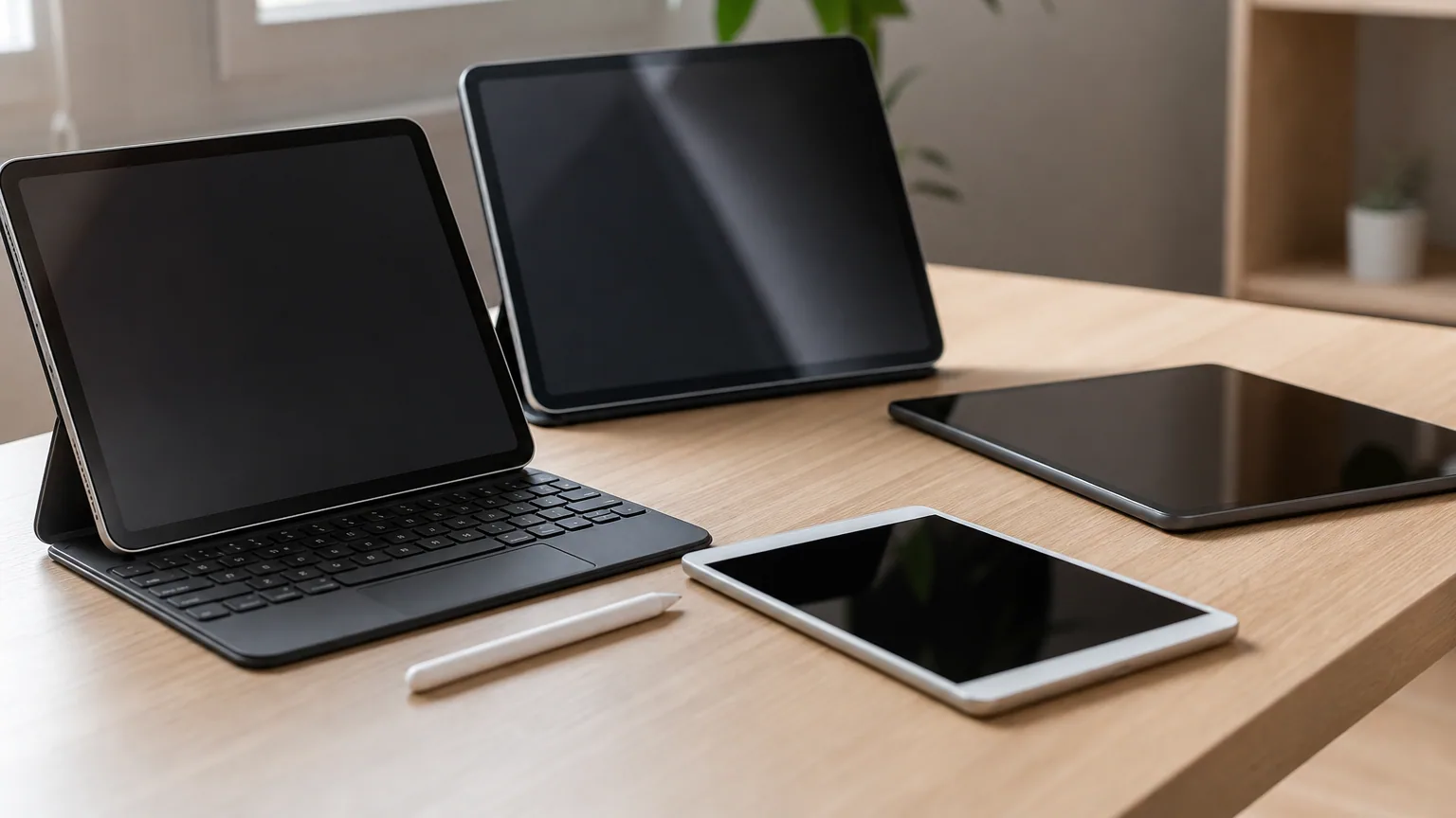 Plusieurs tablettes tactiles posées sur un bureau clair avec un clavier et un stylet