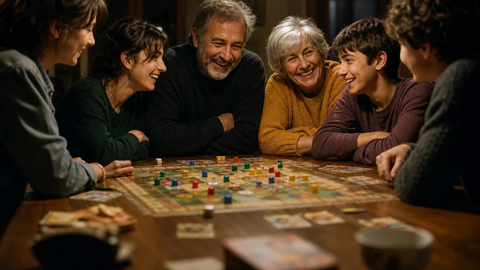 Des amis et une famille rassemblés autour d'une table de jeu, riant pendant une partie de société