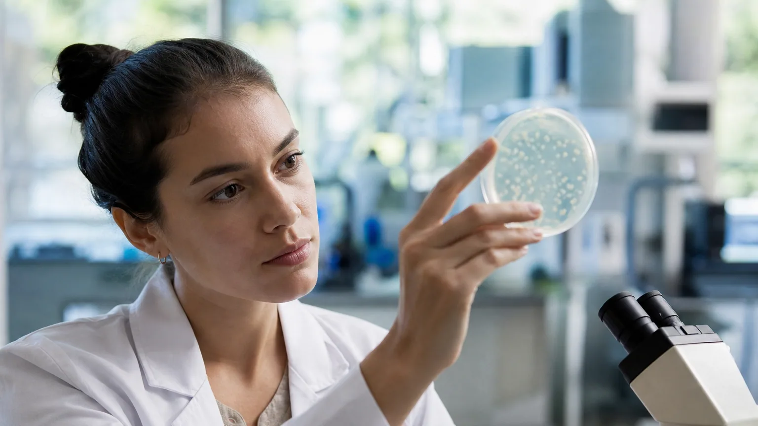 Une chercheuse observe une boîte de Petri dans un laboratoire de biologie