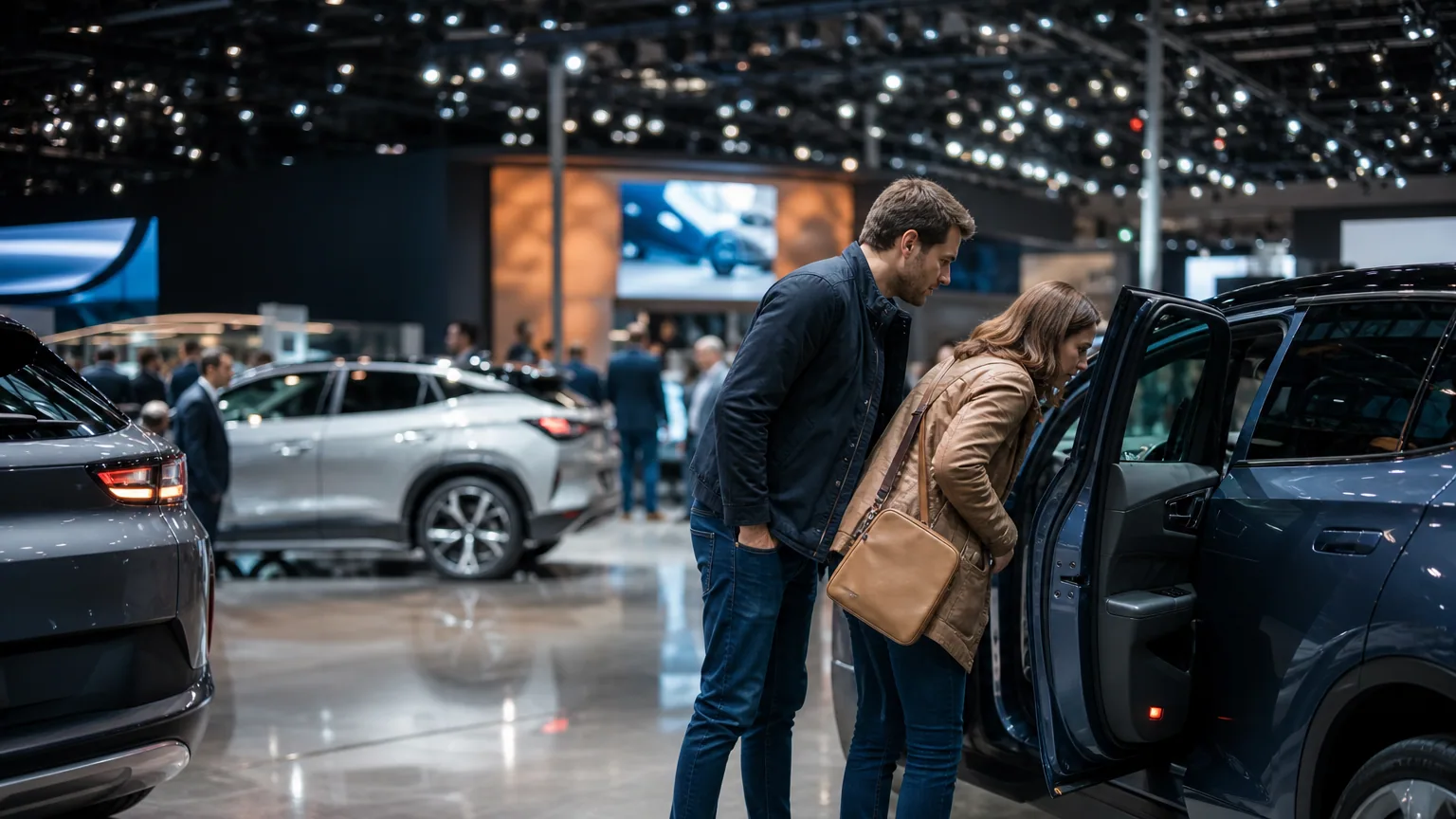 Visiteurs découvrant de nouveaux modèles automobiles sur un stand de salon