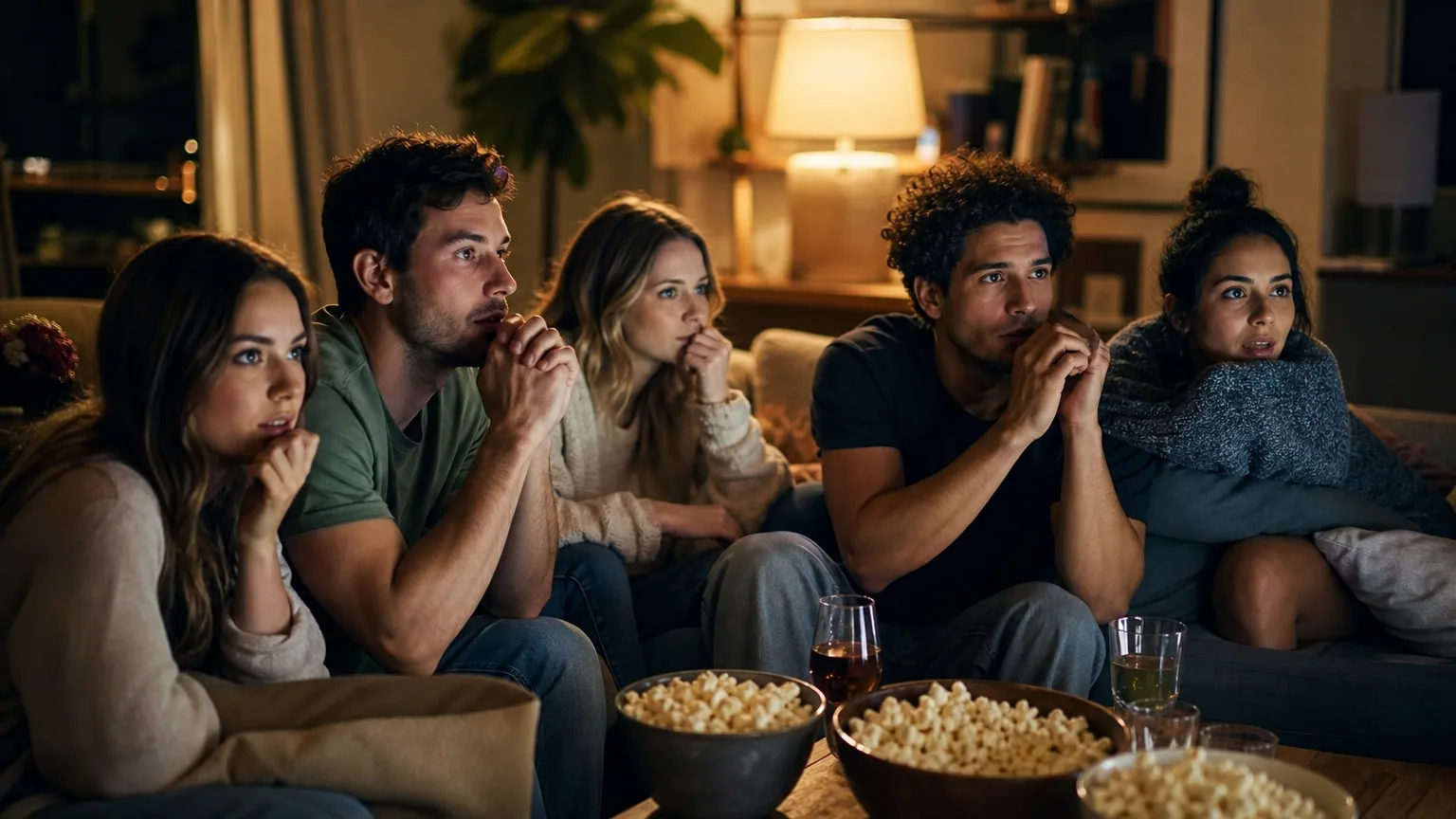 Des spectateurs réunis dans un salon pour une soirée cinéma autour d'une saga fantastique