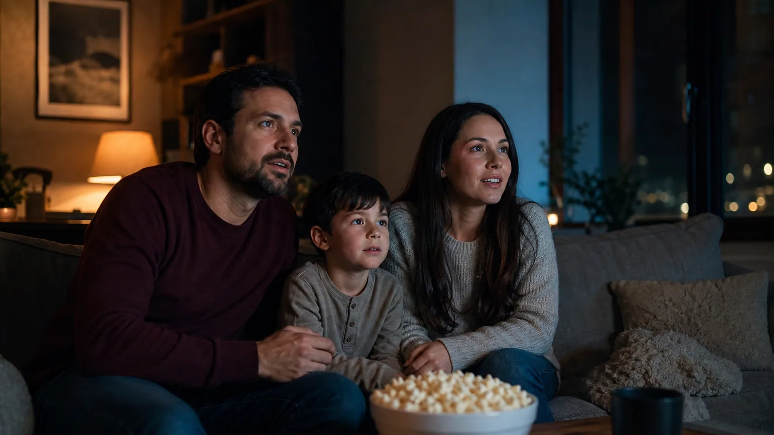 Une famille regarde un film de science-fiction le soir dans son salon